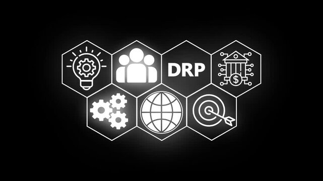 DRP Disaster Recovery Plan network diagram with icons and with dark background. Business continuity Disaster Recovery Plan.