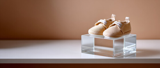 Pair of beige baby shoes with white laces displayed on a transparent acrylic block on a white surface with a soft brown background