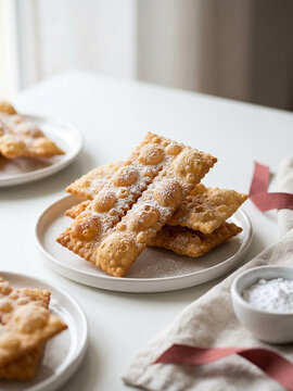 Close-up of traditional Italian carnival fried pastries dusted with powdered sugar, served on white plates with soft natural light.