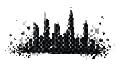 Naklejka premium Halftone cityscape with skyscrapers and buildings in black tones on white background