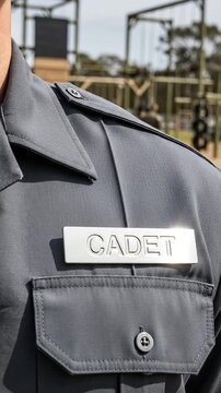 Cadet Uniform at Training Facility with Physical Training Equipment in the Background
