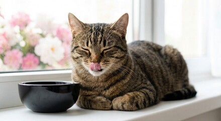 Cute Tabby Cat Licking Lips Beside Food Bowl