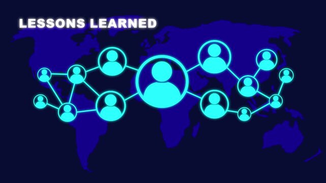 Animated lessons learned concept on blue background with world map and social icons. Social network connections, Connected people nodes, and global communication concept.