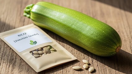 organic green zucchini with seed packet on rustic wooden surface for gardening blogs, agricultural sites, eco-friendly product catalogs and vegan cooking presentations