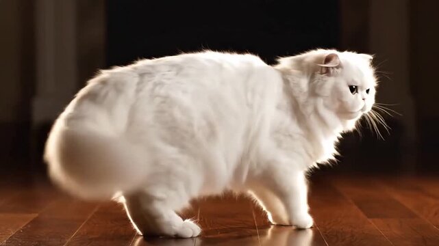 Funny white Persian cat dancing and doing the moonwalk on a wooden floor with cinematic lighting