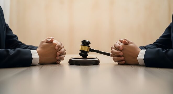 A professional image displaying two individuals&rsquo; hands on a mediation table with a judge&rsquo;s gavel, symbolizing legal resolut. World day of social justice. 