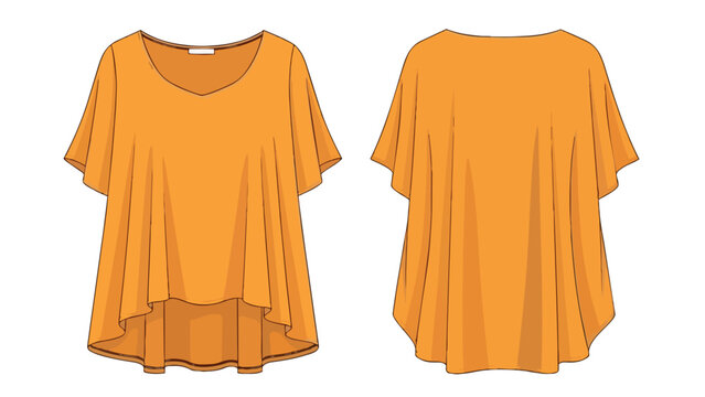 Fashion flat technical drawing showcasing a vibrant golden-orange v-neck dolman top with graceful flutter sleeves and a stylish high-low hemline