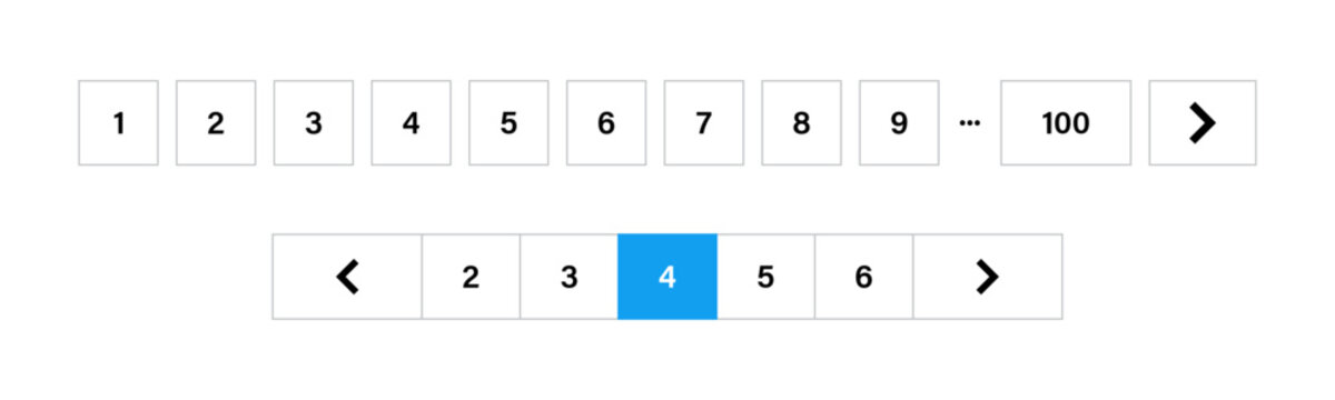 Pagination bar template for website interface design and navigation. Along with first and last page options and highlighted blue selection for user interface design components. website navigation.