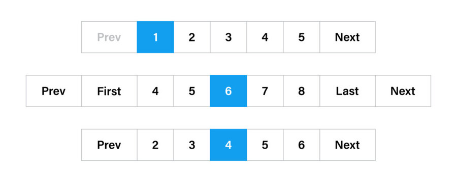 Website pagination controls set with blue highlight for active page. Horizontal navigation bars for web page. Set of website pagination bars for user interface design navigation. website navigation.