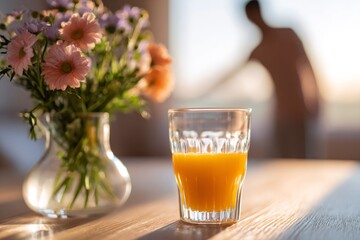 Glass of fresh orange juice and flowers on a wooden table. Healthy breakfast concept with a silhouette of a person stretching in the background. Morning sunlight