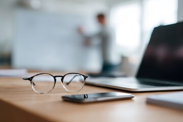 Eyeglasses and smartphone on wooden desk in modern office. Blurred background with person writing on whiteboard during business meeting