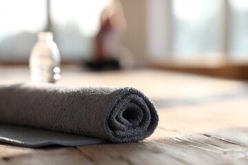 Close-up of a rolled grey towel on a wooden floor in a gym. Fitness, yoga, and wellness background with copy space. Self-care and relaxation concept