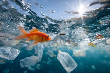 Goldfish swimming through plastic pollution in the ocean. Underwater view of environmental waste and its impact on marine animal life