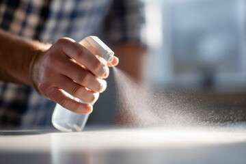 A person's hand spraying disinfectant cleaner on a surface. Close-up of mist for sanitizing and household hygiene