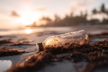 A discarded glass bottle with seaweed washed up on a sandy beach at sunset. Environmental pollution and ocean waste concept with warm golden hour light