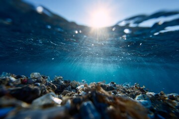 Plastic pollution in the ocean with waste on the seabed. Underwater view of environmental contamination with garbage and debris. Ecological disaster and conservation concept