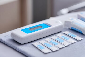 A medical diagnostic device with test strips for laboratory analysis. Modern clinical equipment for healthcare research and testing. Science and technology concept