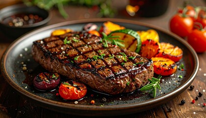 Juicy grilled steak with grill marks, served with roasted vegetables, rustic plate, photorealistic