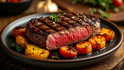 Juicy grilled steak with grill marks, served with roasted vegetables, rustic plate, photorealistic