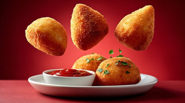 Crispy golden Brazilian fried coxinhas floating above a white ceramic plate, accompanied by a small bowl of marinara sauce, set against a vibrant red background with dramatic lighting