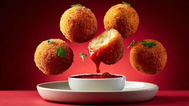 Crispy golden Brazilian fried coxinhas suspended in mid-air above a white ceramic plate with marinara sauce, featuring vibrant red background and fresh herbs for added visual appeal