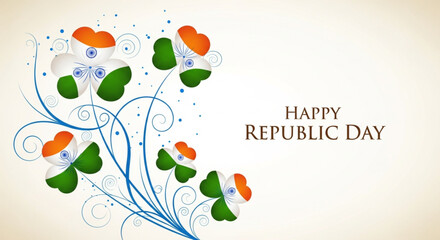Happy Republic Day India Greeting with Abstract Tricolor Flowers. Vector Illustration of Indian National Festival, 26 January Celebration Background. 
