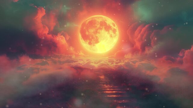 Radiant full moon ascends over clouds in surreal sky video LoFi animation. Dreamlike path cloudscape. Animated Lo-Fi aesthetic 4K clip motion graphics with floating dust particles