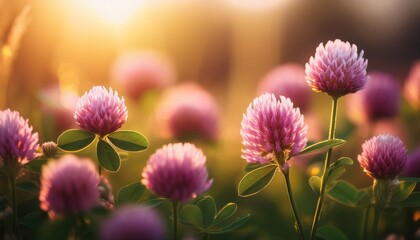 Obraz premium Pink Clover Flowers Bathed In Golden Sunlight Close Up Macro Detailed Nature Bokeh Background