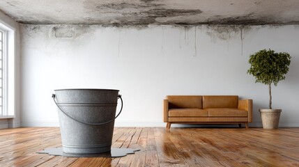 Naklejka premium Interior scene showing water damage from a roof leak with a metal bucket collecting dripping water on wooden floor, a brown sofa, and a potted plant in a residential setting