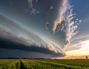 Dramatic panoramic view of a vast, churning storm cloud formation towering over a verdant field at sunset. A lone tree stands