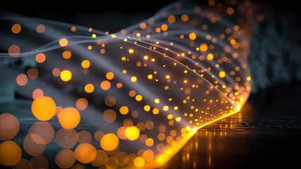 A digital abstract featuring dynamic, glowing light trails creating a bokeh effect against a dark backdrop. the image showcases vibrant orange and yellow hues, ideal for futuristic design and digital - Powered by Adobe