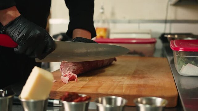 Raw frozen meat with cheese, capers and lemon. Stroganina siberian beef dish, depp frozen russian traditional food. 
