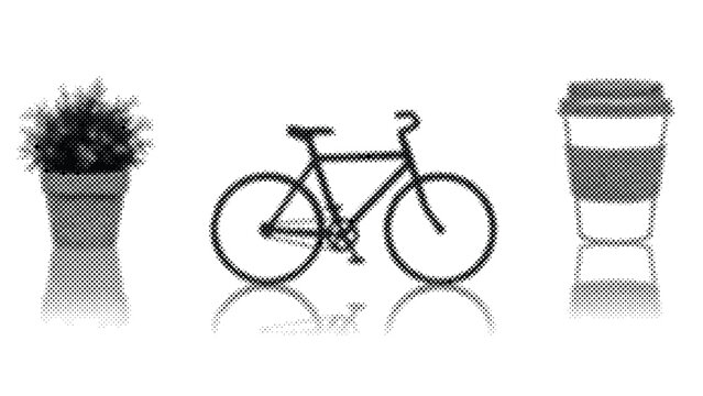 Halftone illustrations of bicycle plant and coffee cup on white background