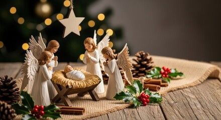 Fototapeta premium Nativity scene with angels and baby Jesus for Christmas celebration. Religious holiday concept for traditional seasonal decor