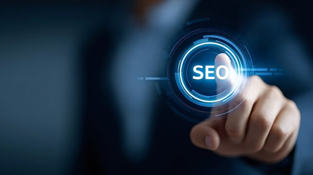 Business professional identifying search engine optimization concept on a futuristic virtual screen, highlighting strategic digital marketing and technology for online visibility - Powered by Adobe