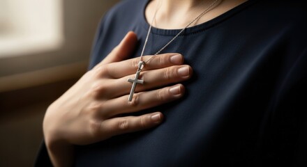 Fototapeta premium Woman in dark shirt holding hand on chest with silver cross necklace. Concept of Christian faith, spirituality, prayer, and devotion