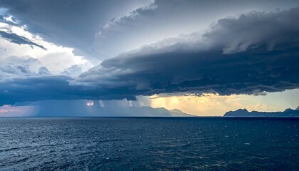 Dramatic seascape captures a stormy sky above the ocean, with rain falling. Sunlight breaks through the clouds