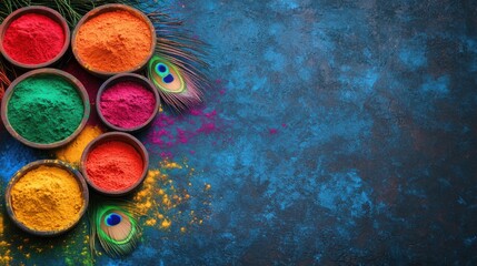 Holi background. Traditional elements like gulal powders, peacock feather, Krishna flute, pichkari and festive spiritual harmony