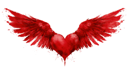 A red heart with wings is painted on a white background