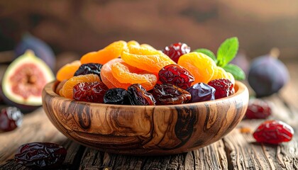 Assorted dried fruits including apricots, figs, dates, and raisins, arranged on a rustic wooden bowl, natural lighting, photorealistic, vibrant colors