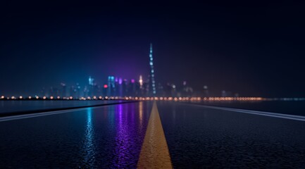 Fototapeta premium City skyline is reflected in the wet road. The city is lit up with neon lights, creating a vibrant