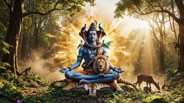 Blue deity statue in sunlit forest with deer and magical glow.