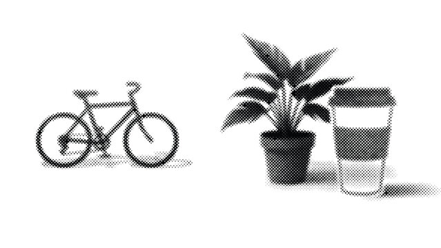 Halftone illustration of bicycle plant and glass of water on white background
