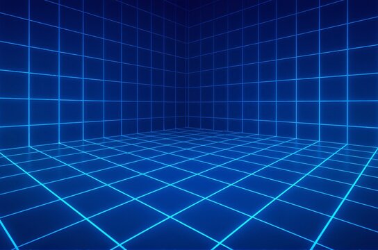 Futuristic Blue 3D Grid Room Background with Perspective Floor and Walls