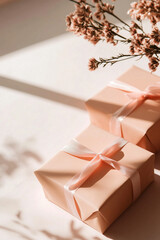 Red gift boxes wrapped with soft pale pink ribbons arranged on a pastel pink background. Minimal and elegant festive composition