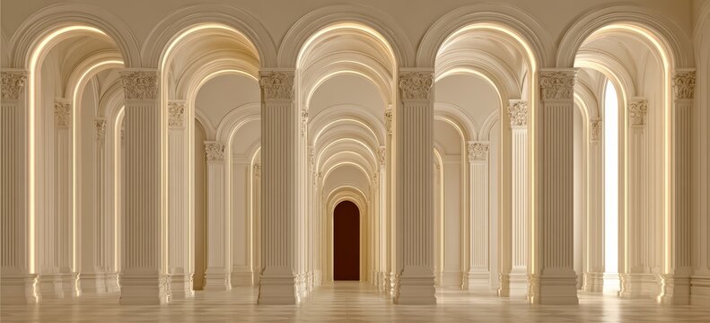 Long, empty hallway with white pillars and a doorway. The space is illuminated by lights, creating a sense of grandeur