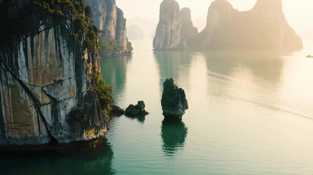 Cinematic travel video of Ha Long Bay in Vietnam with towering limestone karst cliffs rising from calm emerald water