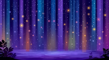 Purple background with a blue and orange stripe. The background is filled with stars and the stars are lit up