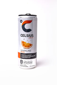 Sparkling orange energy drink by Celsius isolated studio shot