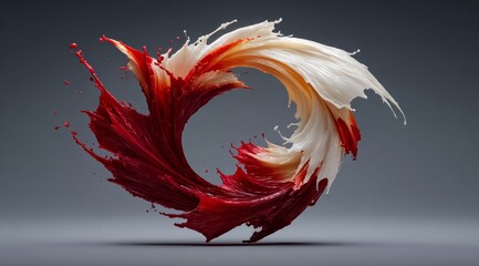 Vibrant splash of red and white paint, which is splattered across a grey background